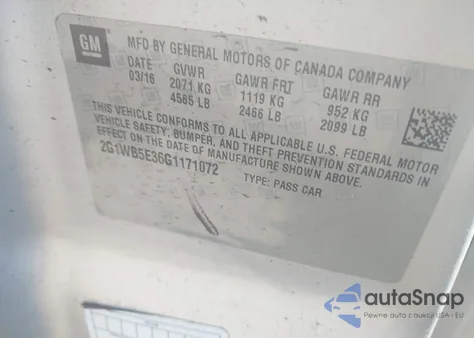 2016 Chevrolet Impala Limited Lt z USA, uszkodzony, nr VIN 2G1WB5E36G1171072